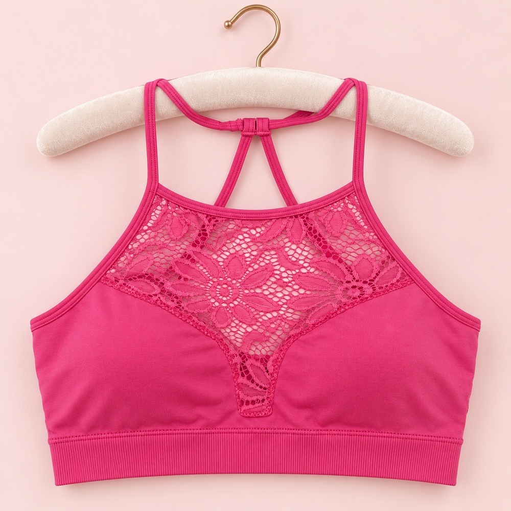 Zenana Outfitters Pink Floral Lace Racerback Bralette L/XL Strappy Wireless Bra